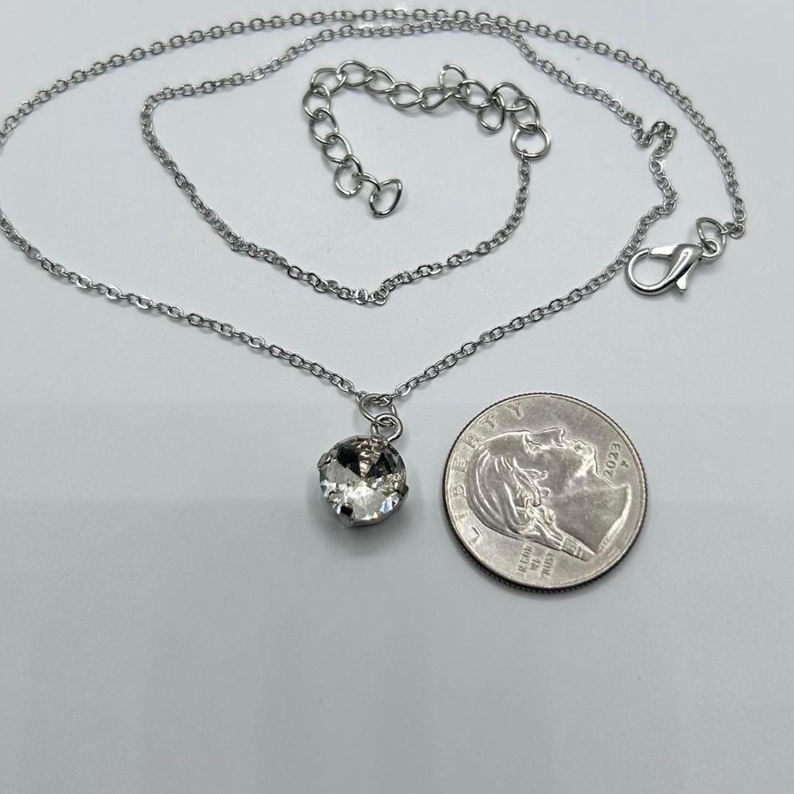 Silver Tone Glass Crystal Pendant Necklace Dainty Minimalist Elegant