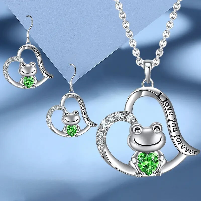 Frog I Love You Forever Heart-shaped Pendant Necklace & Earring Set Rhinestones