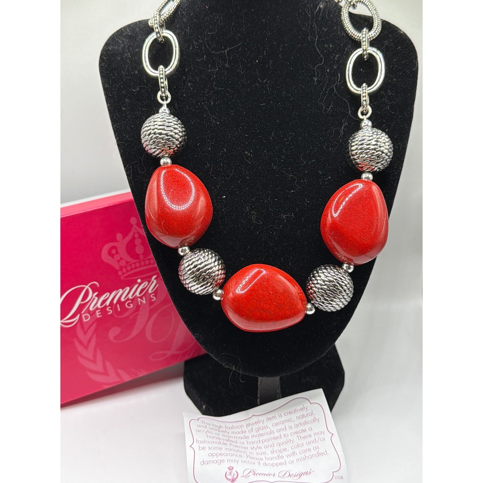 NIB Premier Designs 18″ Necklace Red Heat Wave Chunky Statement Bib Bead