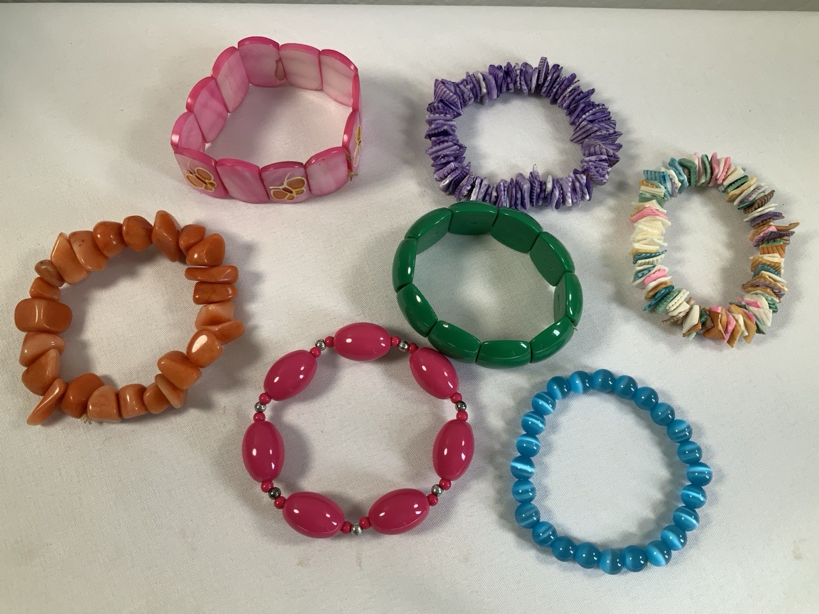 Lot Of 7 Fashion Bracelets Various Materials 1 Stone Pink Blue Orange
