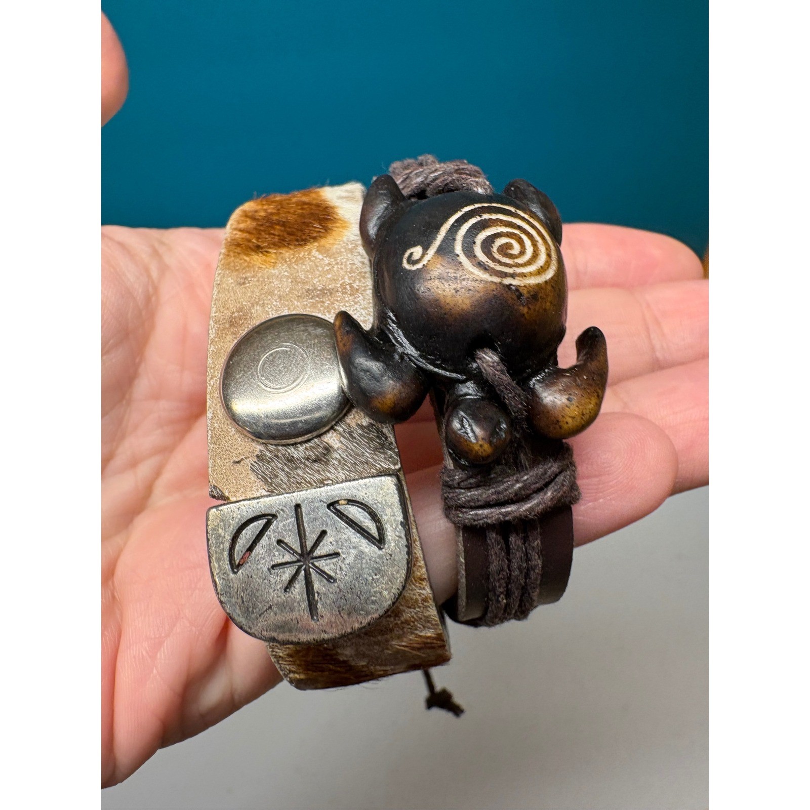 Boho Leather Bracelet Set Cowhide Hair-on Cuff & Carved Turtle Charm Brown