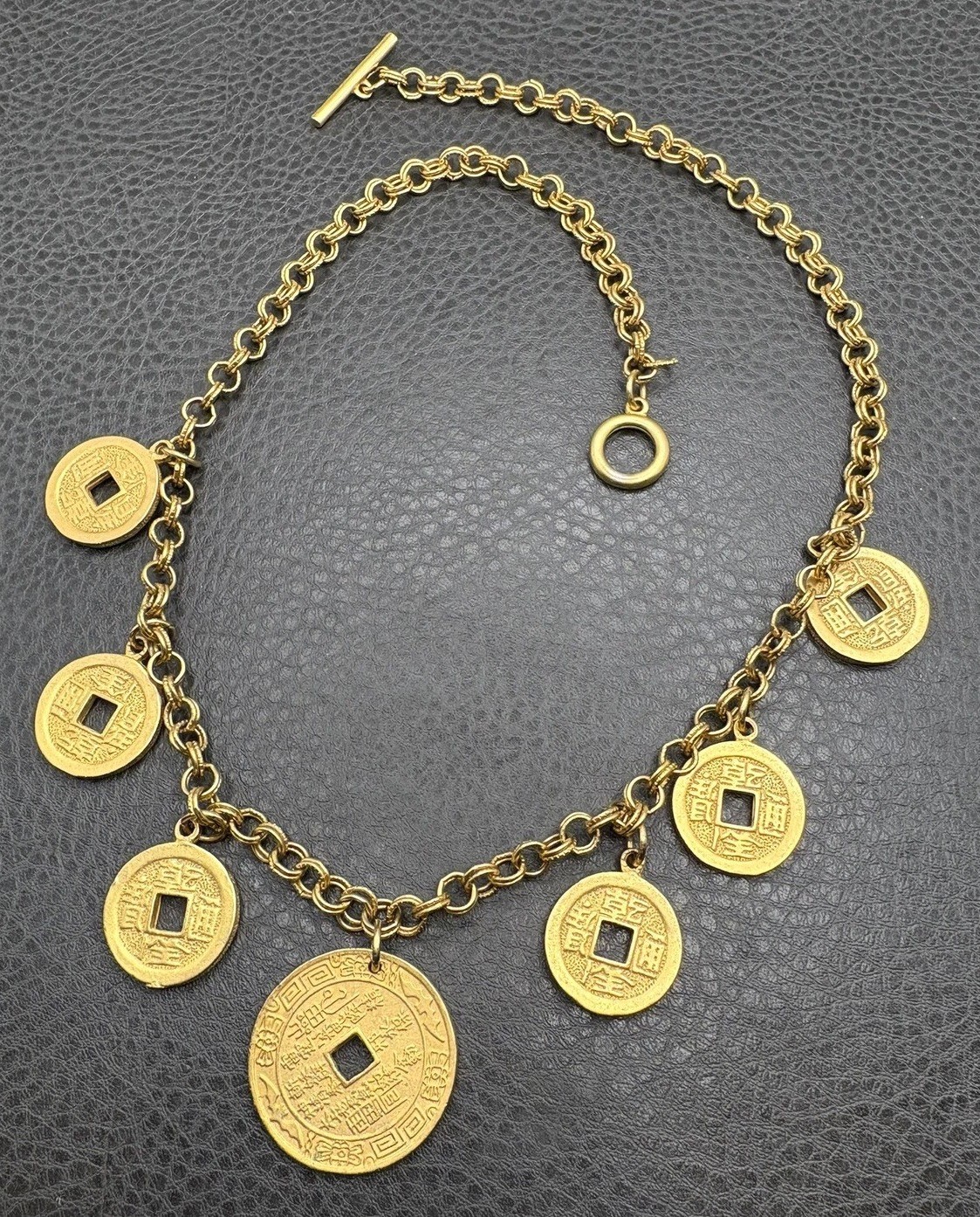 VTG Gold Tone Chinese Asian Style Coin Bib Charm Necklace Statement 23” Long
