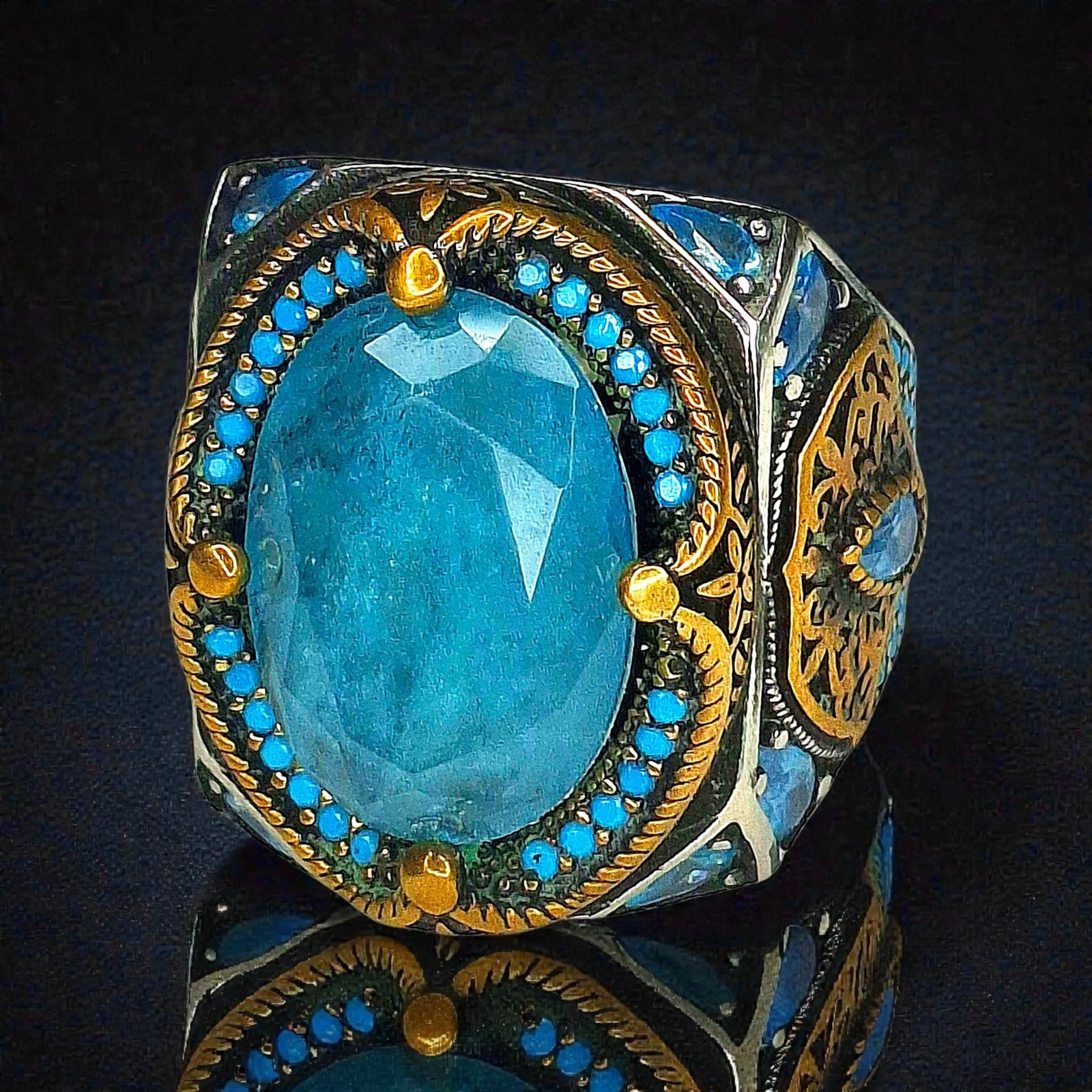 Turkish Handmade Jade, Turquoise, Brass & .925 Sterling Silver Ring, Sz 10.5.