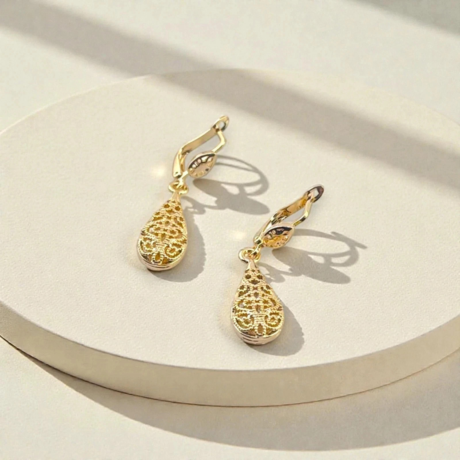 Gold Filigree Teardrop Drop Earrings 18K Gold Plated Stainless Steel W10mm H25mm