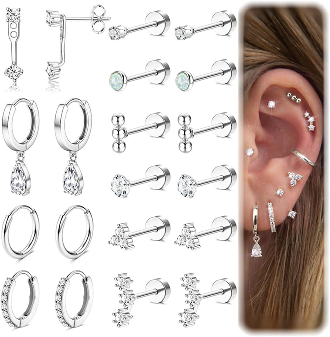 Hypoallergenic Flat Back Earrings 14K Gold Plated Cartilage Earring Sets for Mul