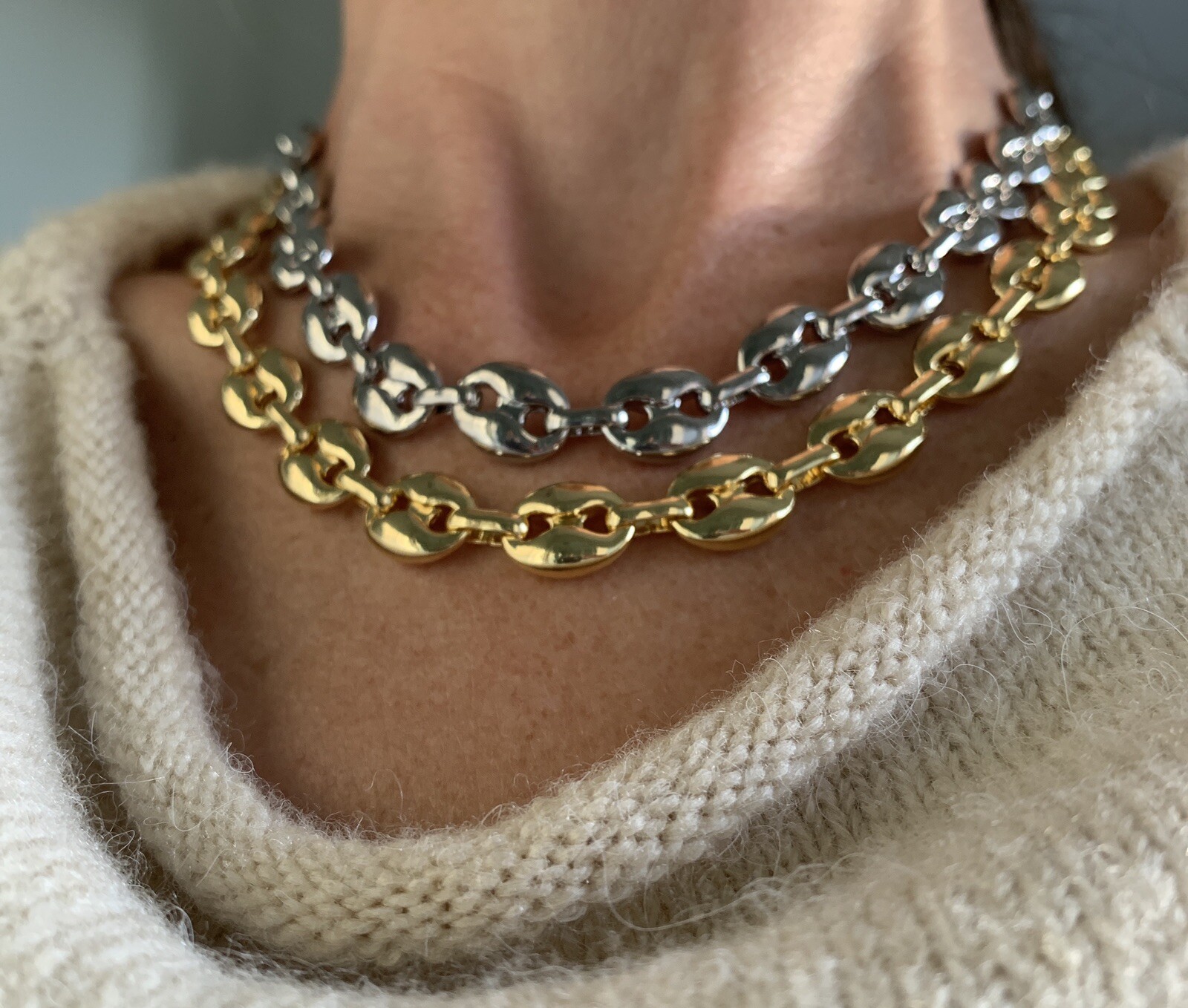 14k yellow gold Plated Puffy Puffed Anchor Mariner Link Chain Necklace 1cm