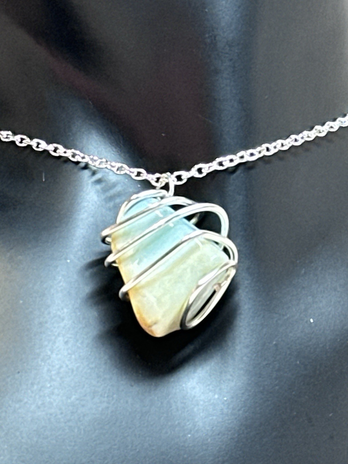handmade Wire Wrapped Freeform Aqua Beige Stone Charm Pendant Silver Cable Chain