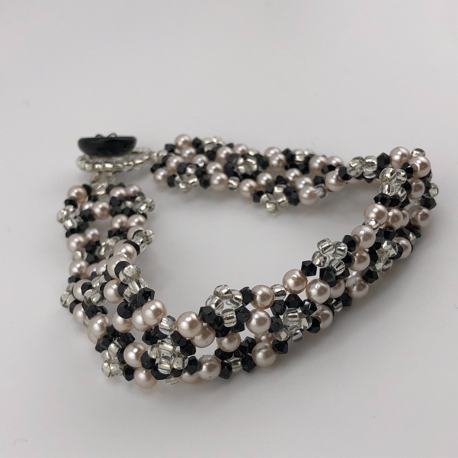 Woven Bead Bracelet Black, White & Pale Pink Beads Valentine’s Retro Festival