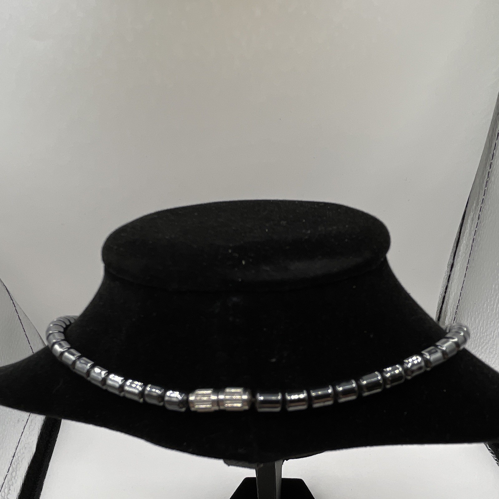 Hematite Beaded Box Chain Necklace Silver Tone Gray Square Stone Leaf Charm