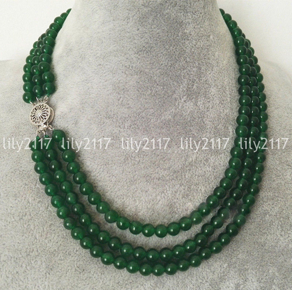 3 Rows 6/8/10mm Natural Green Jade Round Gemstone Beads Necklace 17-19”