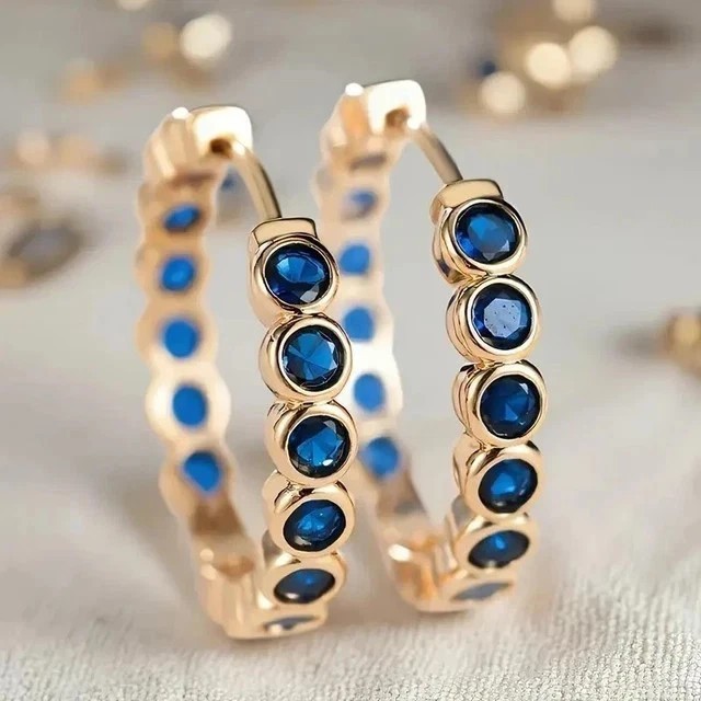Round Cut Simulated Blue Sapphire Women’s Hoop Earrings In 14k Rose Gold Plated