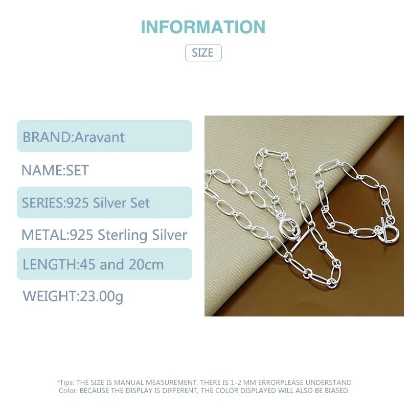 925 Sterling Silver Simple Chain Necklace Bracelet Set Women Wedding Jewelry