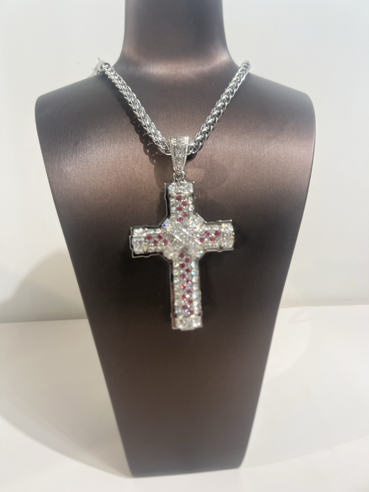 Stainless Steel CZ Cross Pendant Necklace, Silver Tone, Red Cubic Zirconia Chain