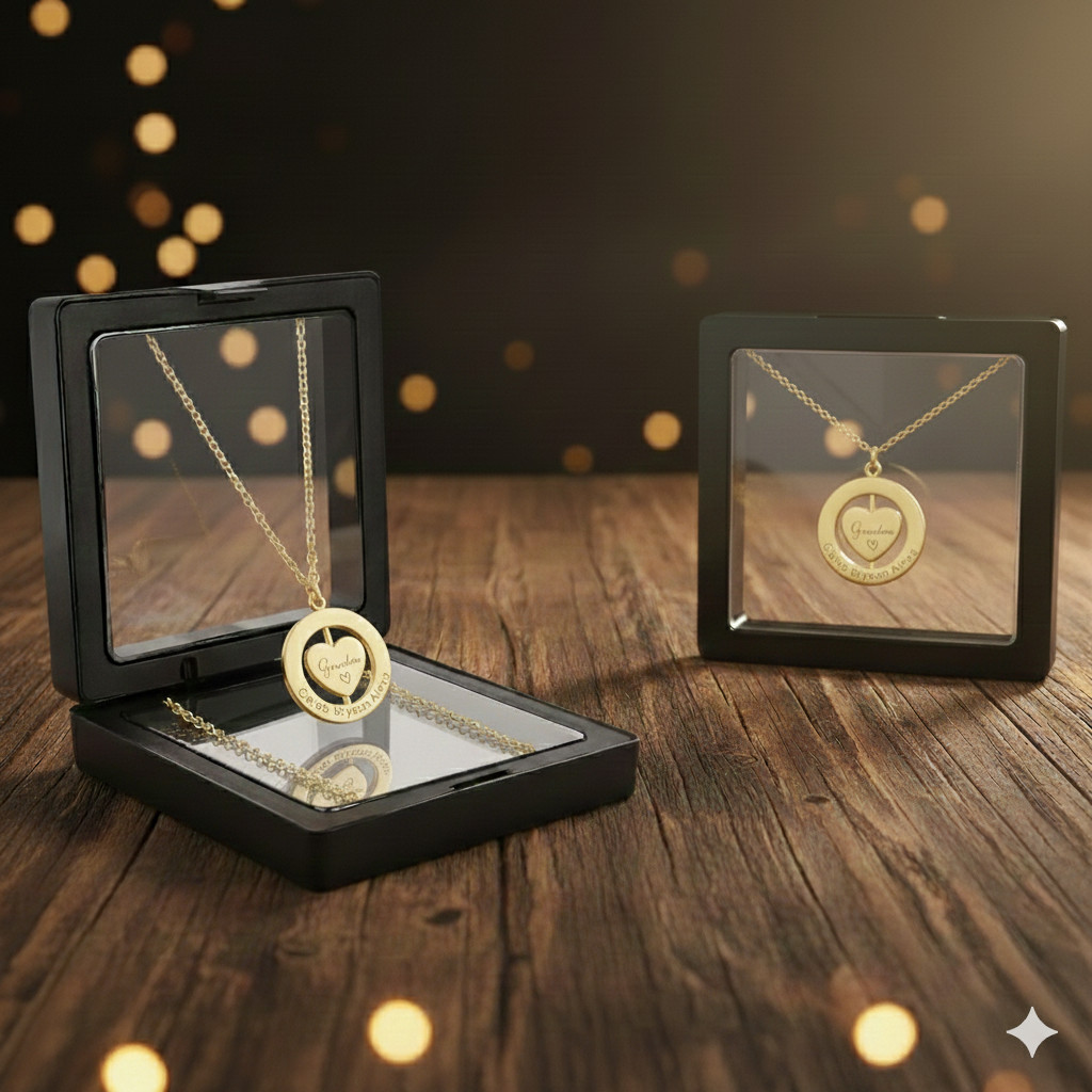 Rotating Personalized Square,Heart Necklace: Engraved Kids Names, Grandma Gift