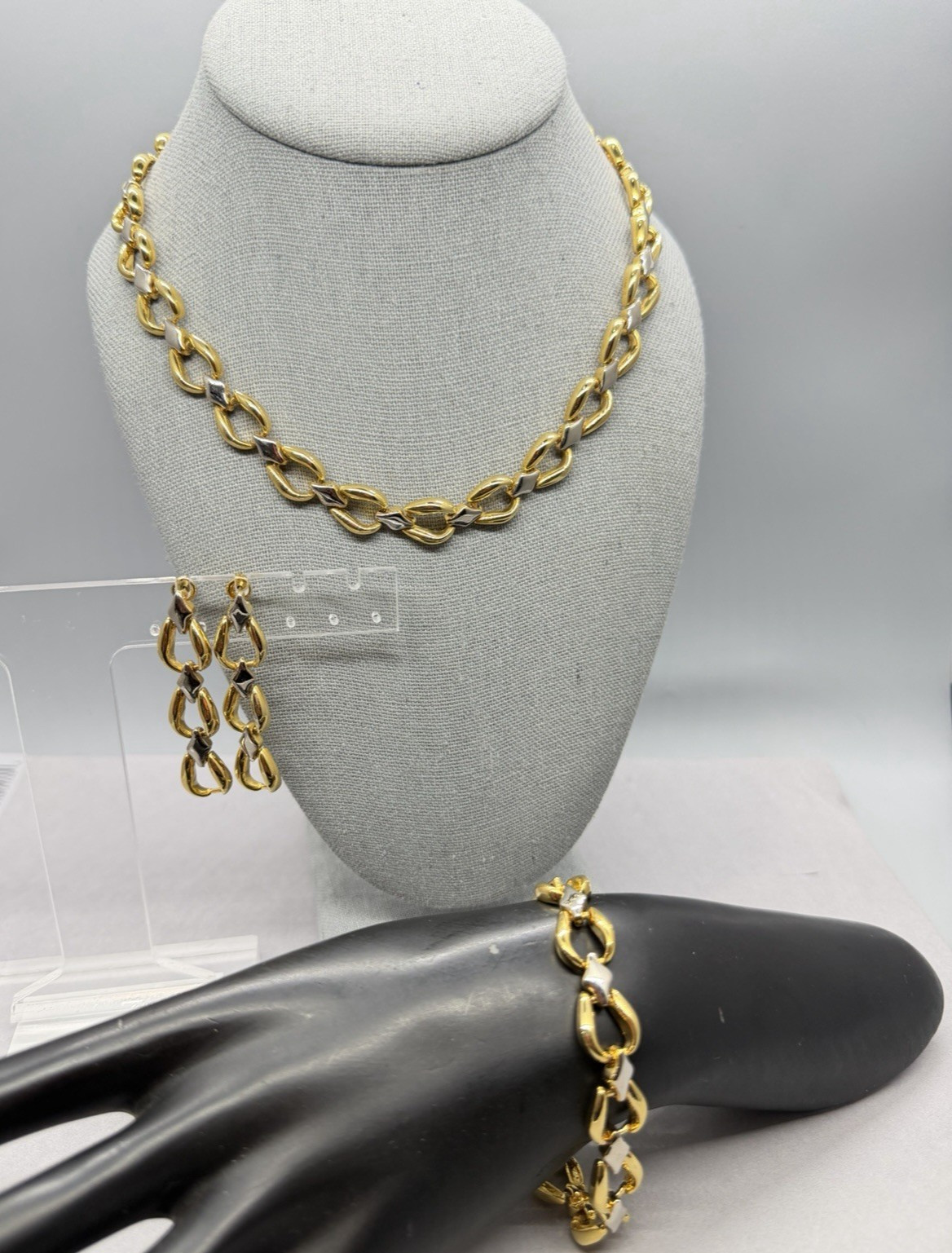 Mixed Metal Gold Silver Tone Dimensional Open Link Necklace Bracelet Earring Set