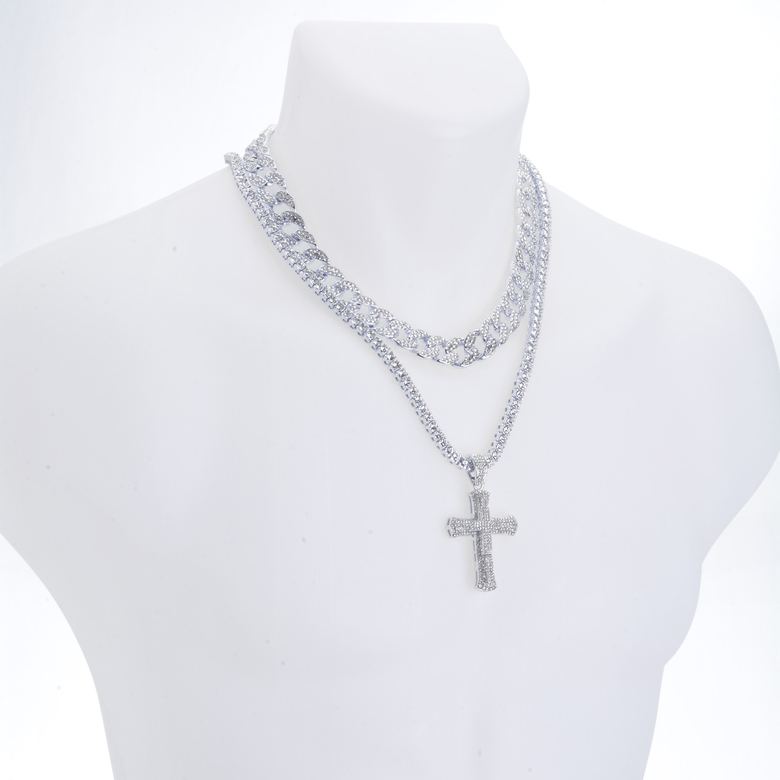 3D Cross Pendant Silver Tone 24″ Tennis and Cuban Chain Necklace TCMP 708 S