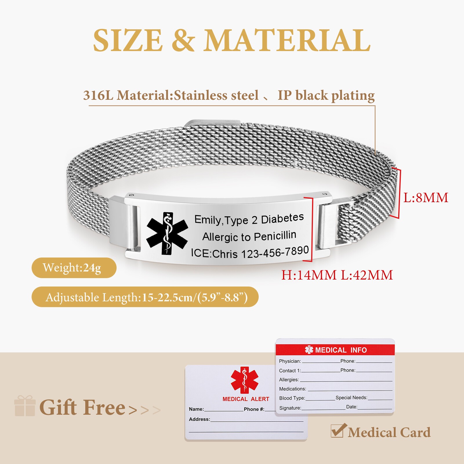 Personalized Medical Alert ID Bracelet Wristband Custom Engrave Emergency Bangle