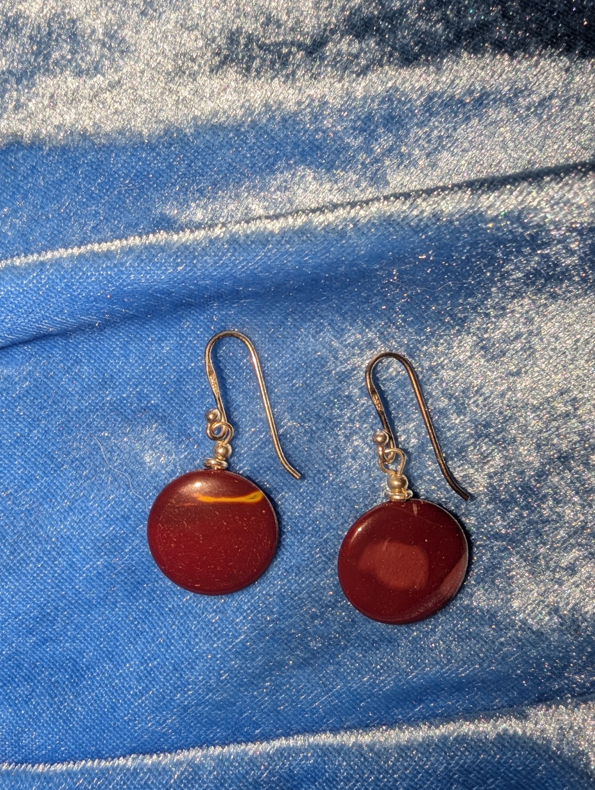 Red Round Disc Dangle/Drop Hook Earrings, Metal, 1.8 in Drop, 0.6 in Dia