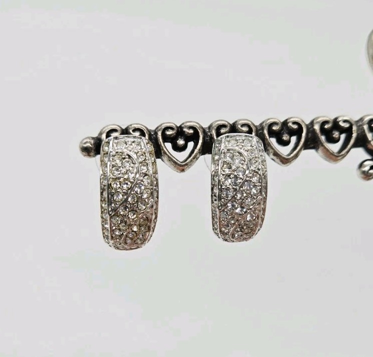 Crystal Hoop Earrings Pierced Silver tone White Colorless PAVE .75 in