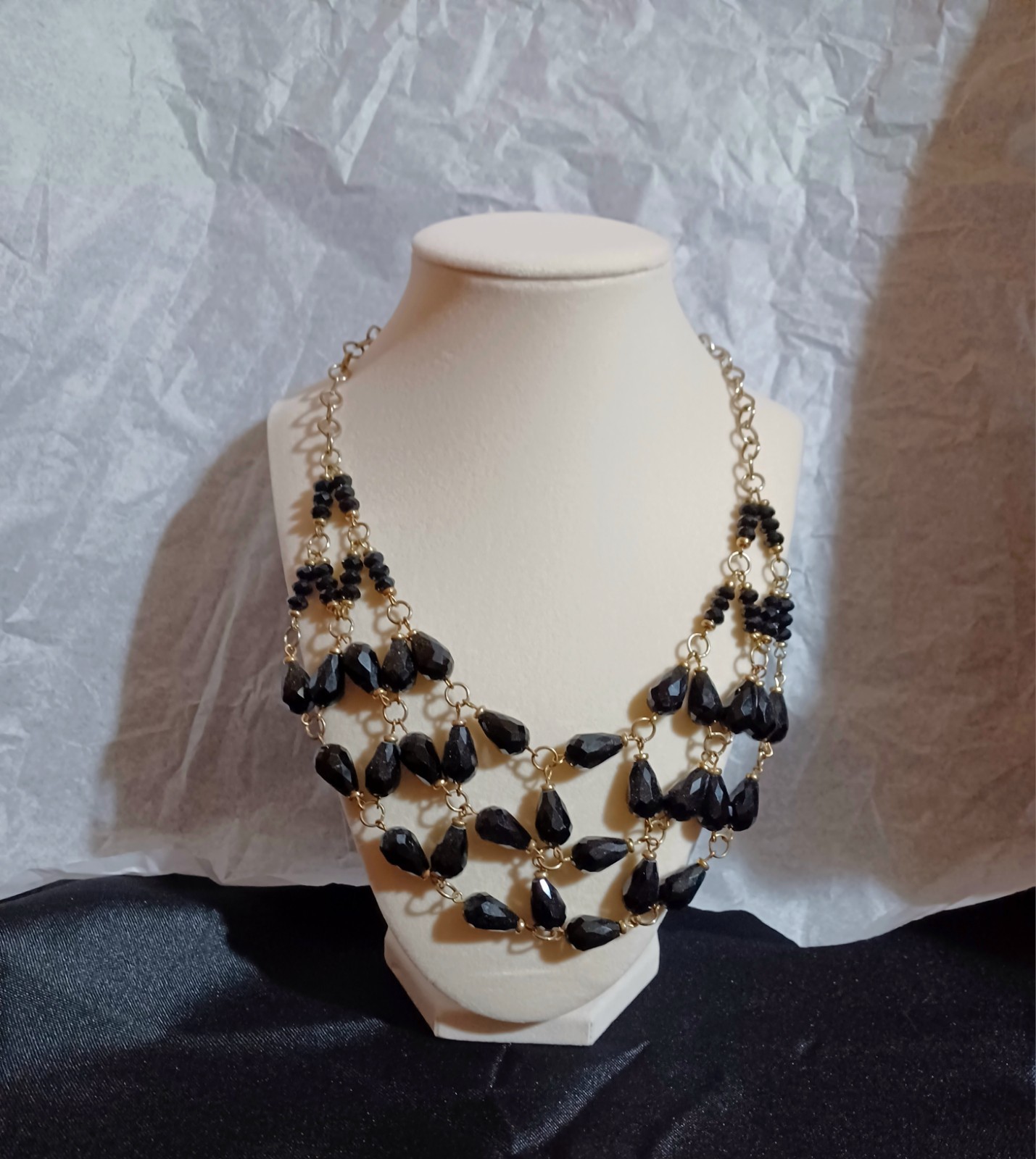 Gold Tone circular chain Beaded Bib Statement JET Black Fasceted Beads. Web/Bib