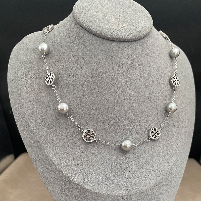 New Burch Silver and Pearl Pave Necklace with Jewelry Pouch Size:40+3cm