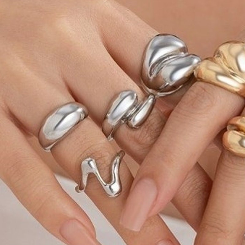 Abstract Boho Ring Set – 4-Piece Silver Adjustable Stackable Rings