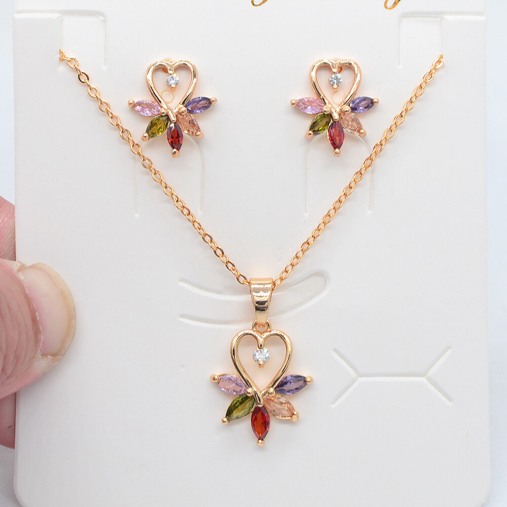 18K Gold Filled Women Multicolor Topaz Earrings & Pendant Flower Jewelry Set