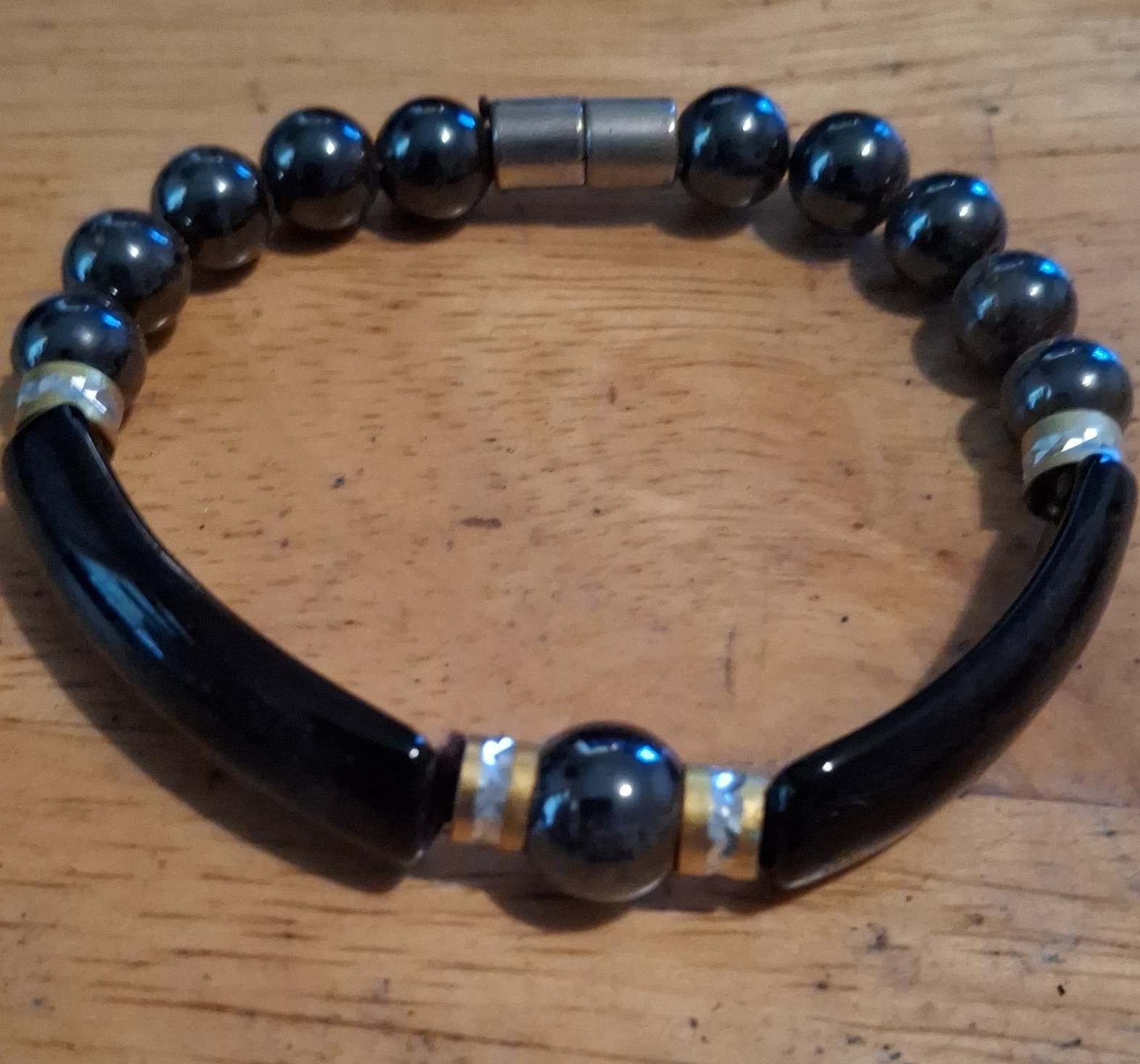 Black & Silver Beaded Bracelet Round Ball/Bead Chain Magnetic Clasp
