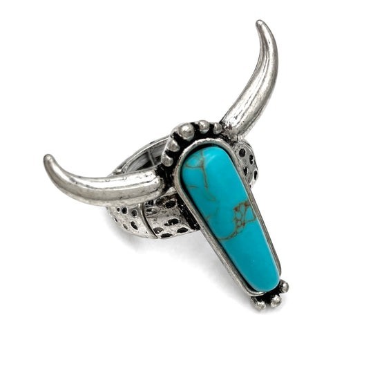 Adjustable Bull Horn Turquoise Cocktail Statement Ring Silver Tone Blue Stone