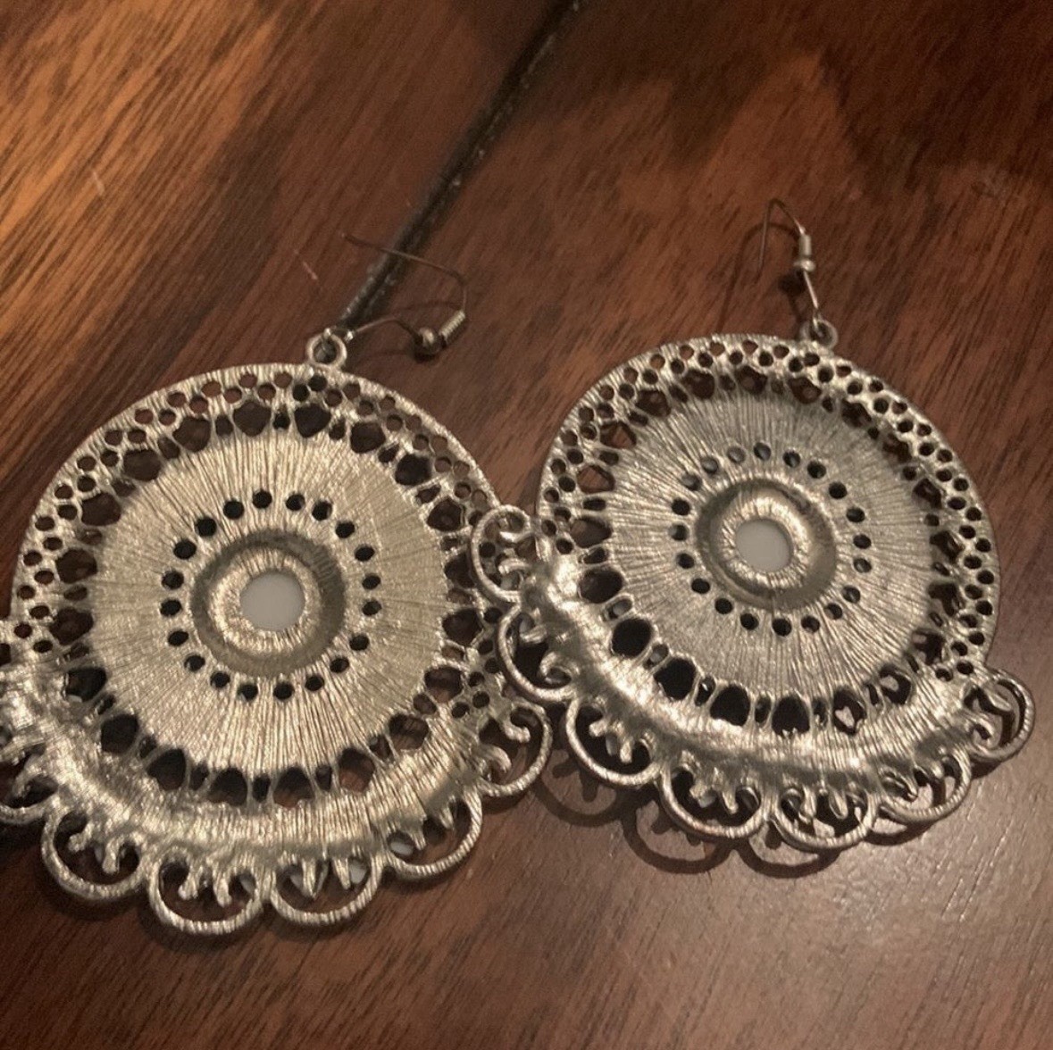 Silver Tone White Round Dangle Drop Earrings, Metal, No Stone, Hook, Lobe