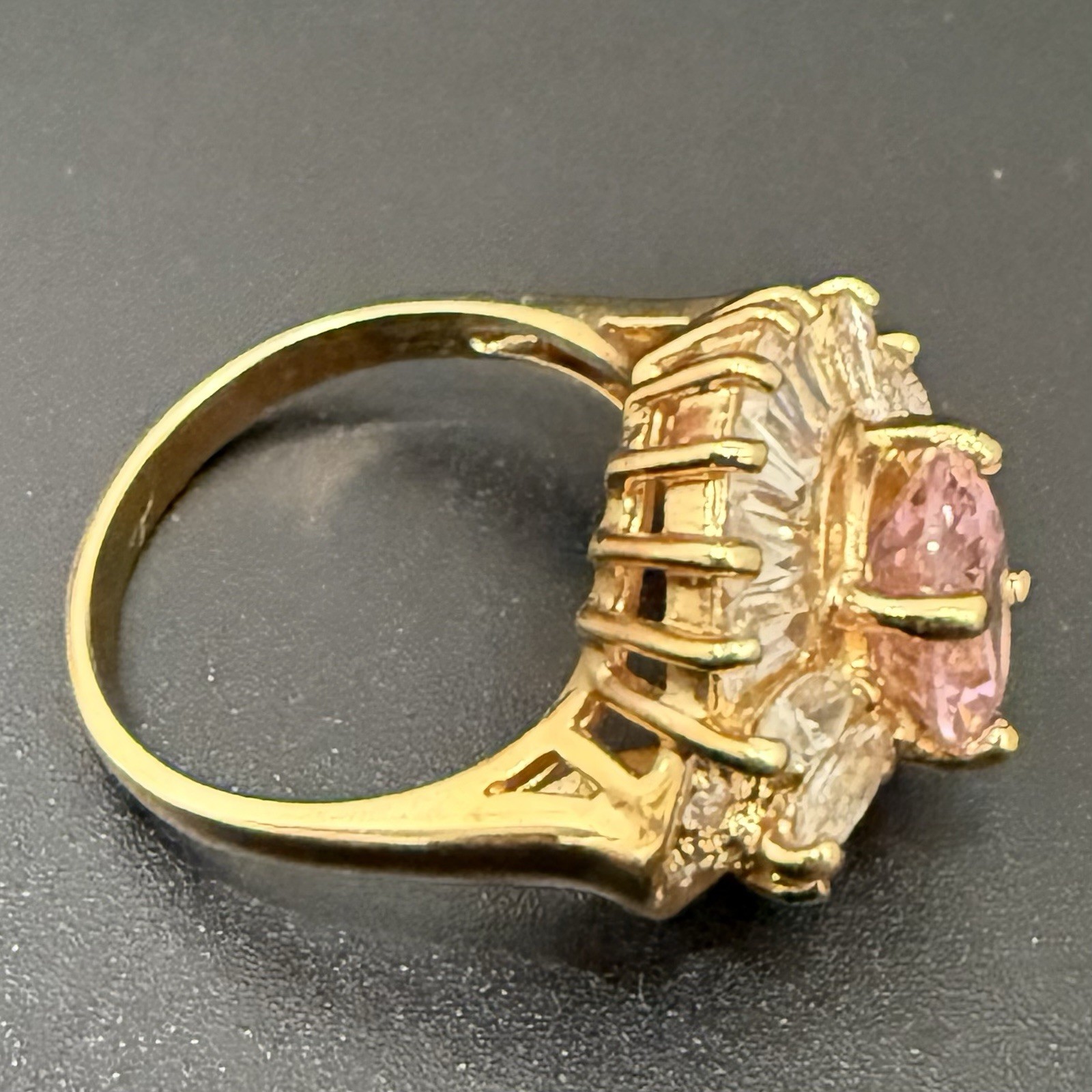 Vintage 925 Gold Over Sterling Pink Oval CZ Flower Cocktail Ring Size 8.5 7g.