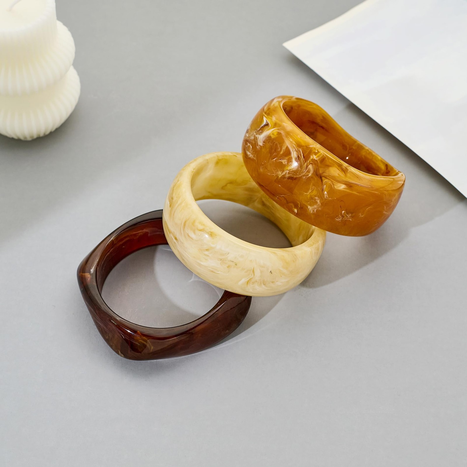WOWORAMA 3pcs Colorful Resin Acrylic Bangle Bracelets Set for Women Wide Chunky