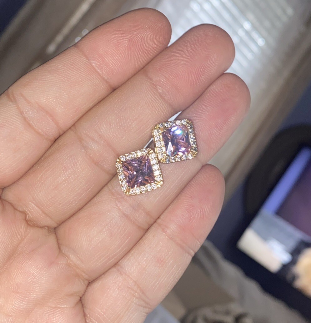 Exquisite 18k Gold Plated Pink Zircons Square Stud Earrings Copper Base