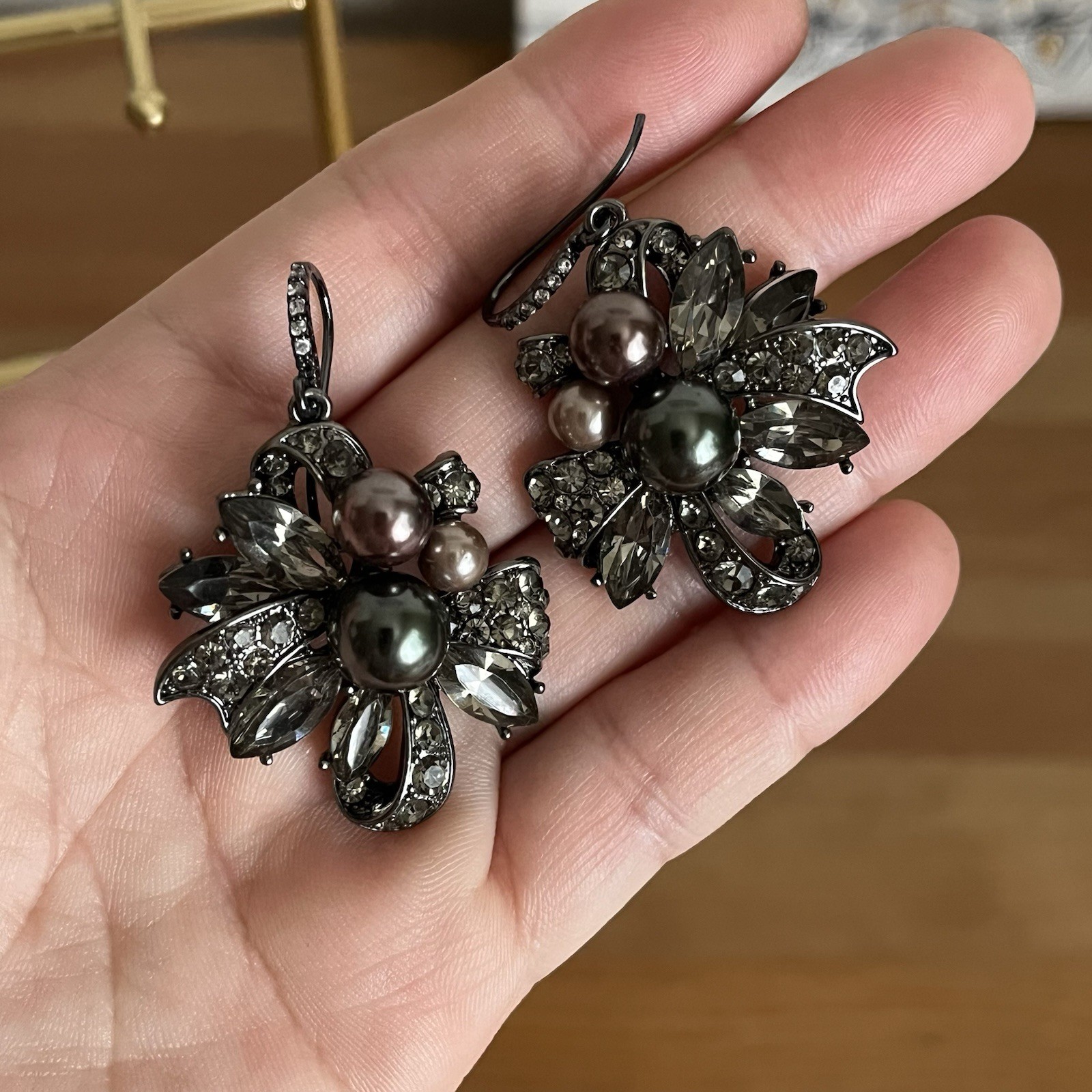 Vintage-Inspired Gunmetal and Black Pearl Drop Earrings Couture Jewelry