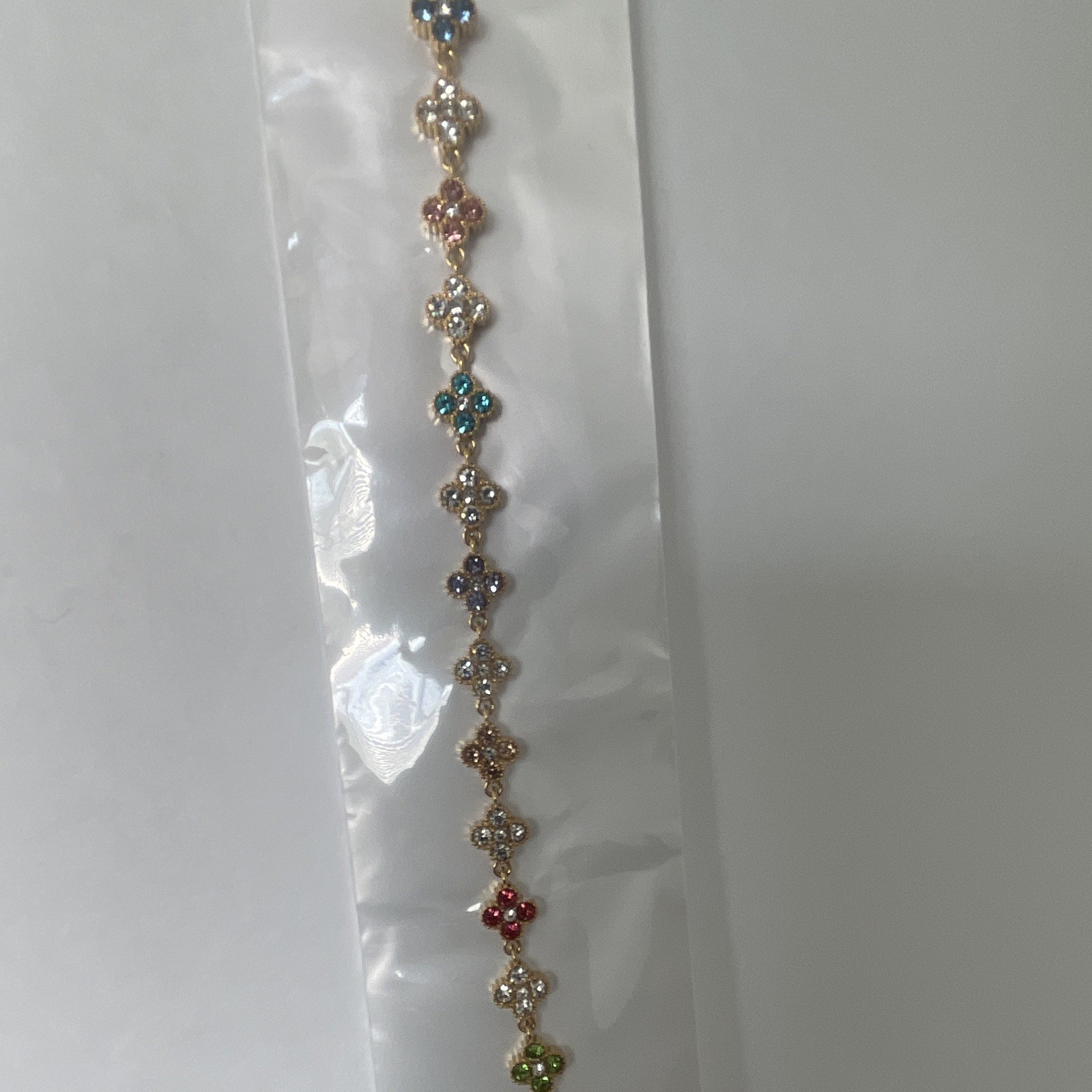 Gold Tone Multicolor Crystal Flower Link Chain Bracelet with Dangle Charm