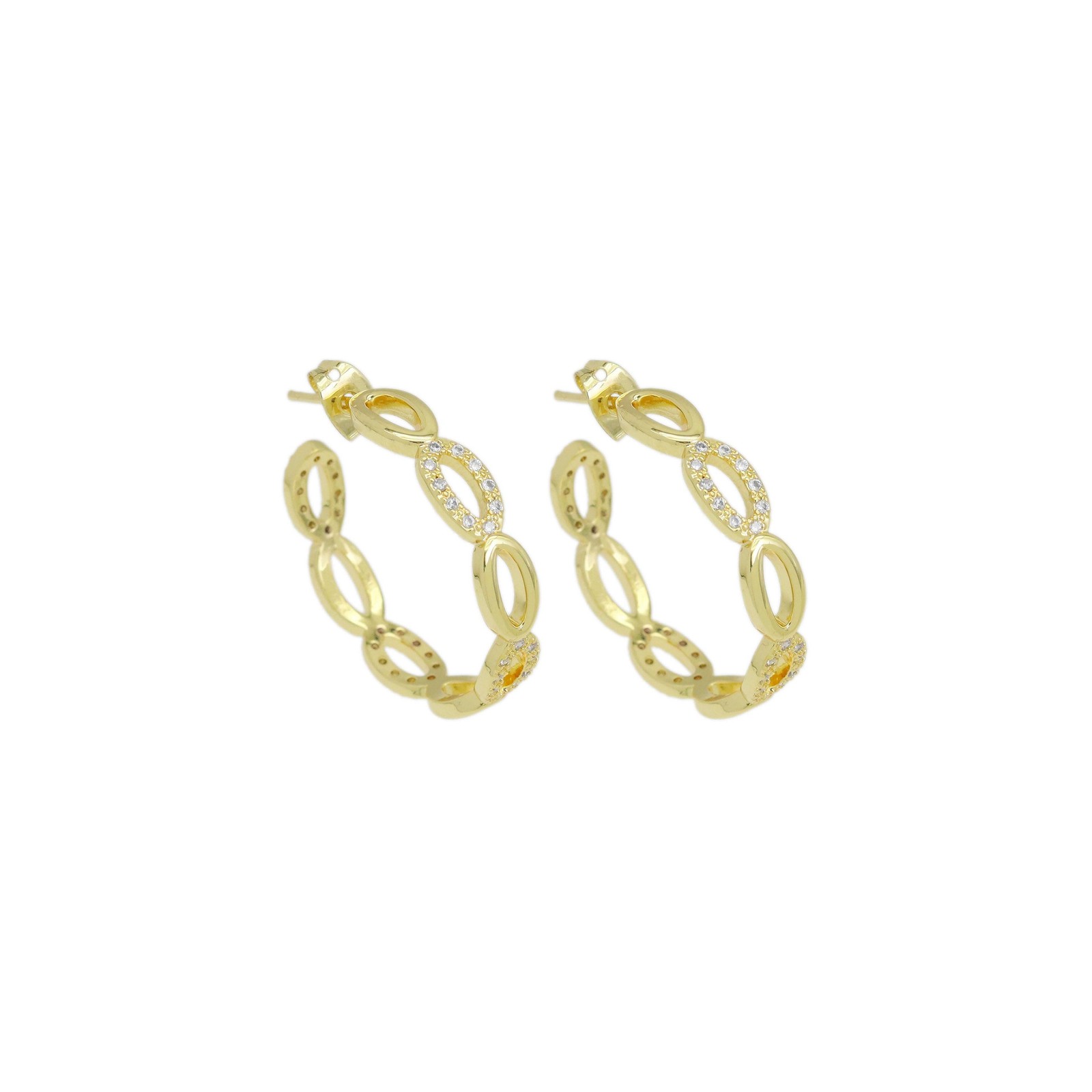 Clear CZ Gold Oval Link Hoop Earrings, Sku#LD526