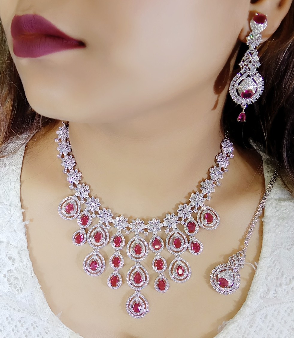 Luxury Ruby Red American Diamond Bridal Necklace Set CZ Maang Tikka Earring Gift