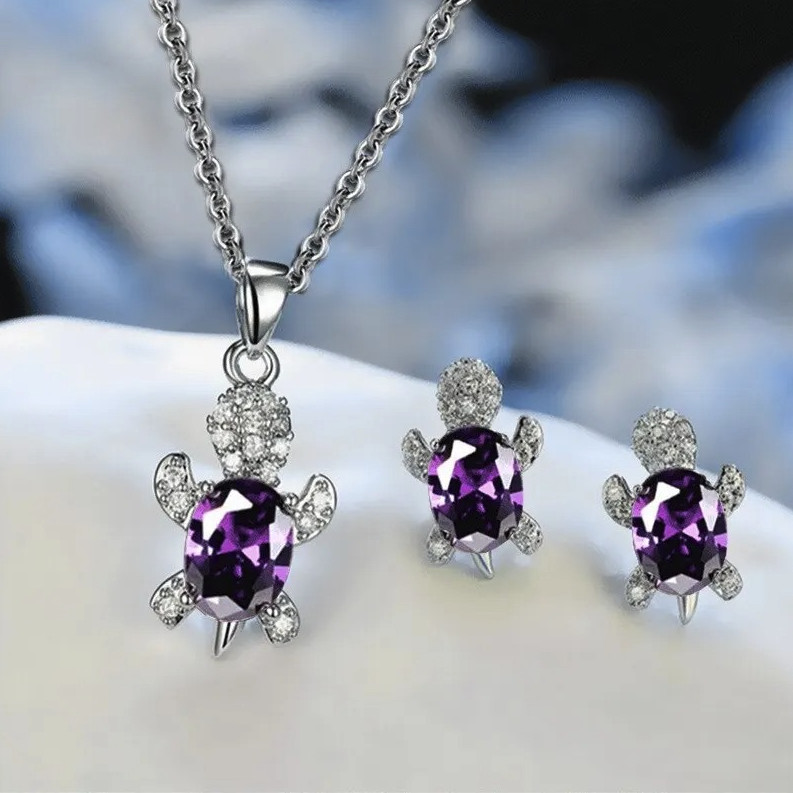 3pcs Turtle Jewelry Set Necklace Earrings Multi Color Crystal Gift – NEW