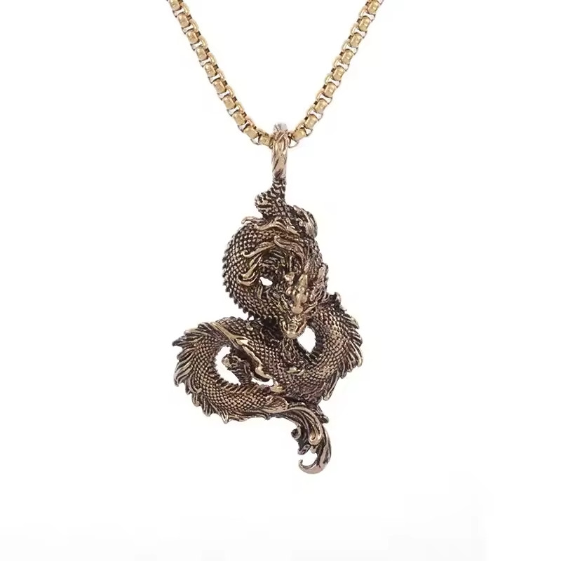 Chinese Dragon Serpent Dragons 3D Emblem Pendant Charm Necklace in Gold