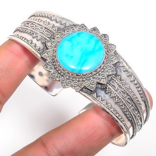 Magnesite Turquoise Gemstone 925 Sterling Silver Handmade Jewelry Cuff Adst. T73