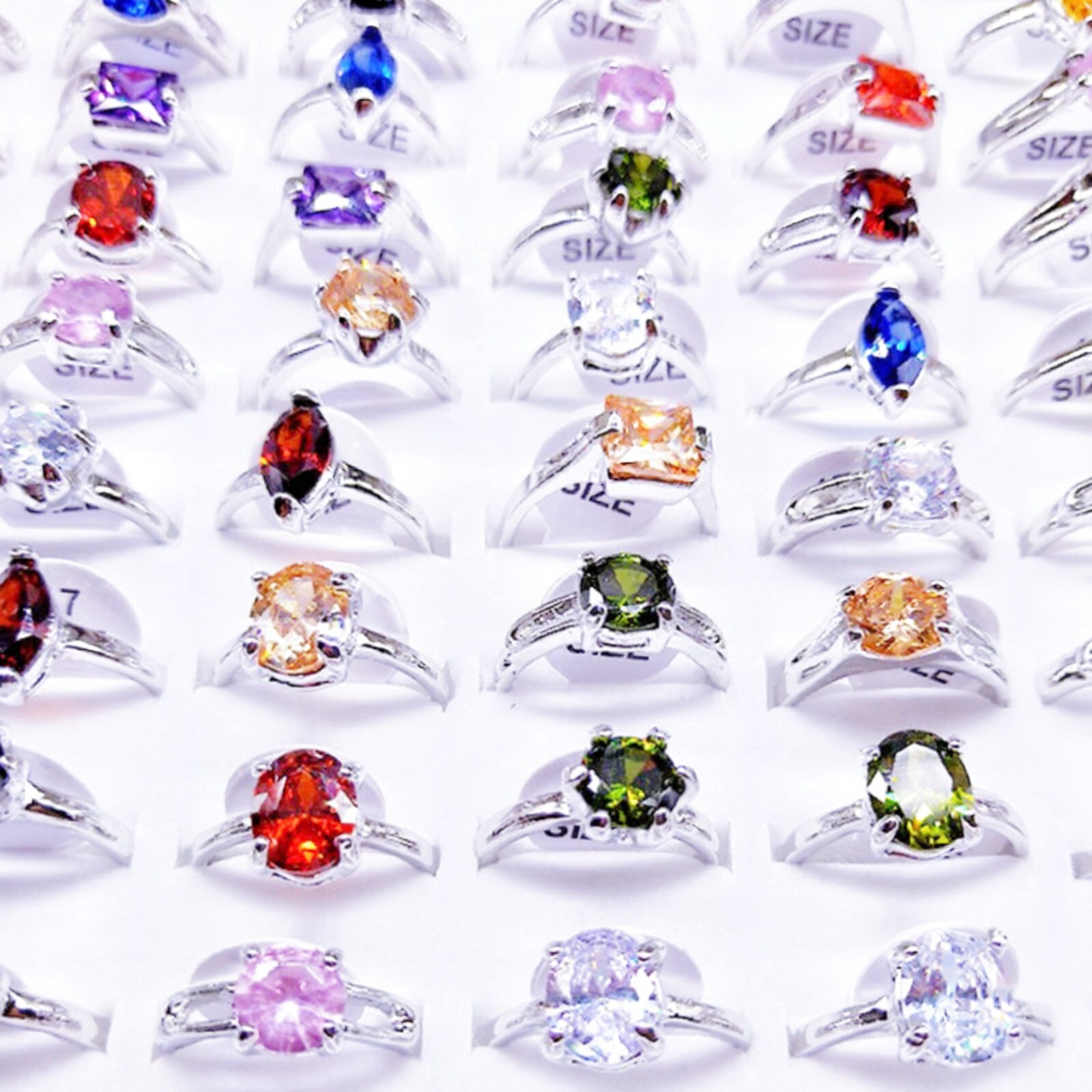 Bulk Wholesale 50 Colorful Crystal Zircon Rings Mix Women Wedding Finger Jewelry