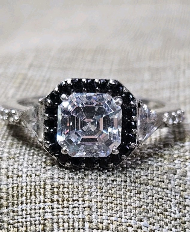 925 Sterling Silver Asscher Cut CZ Black Halo Ring Size 10 Art Deco Style
