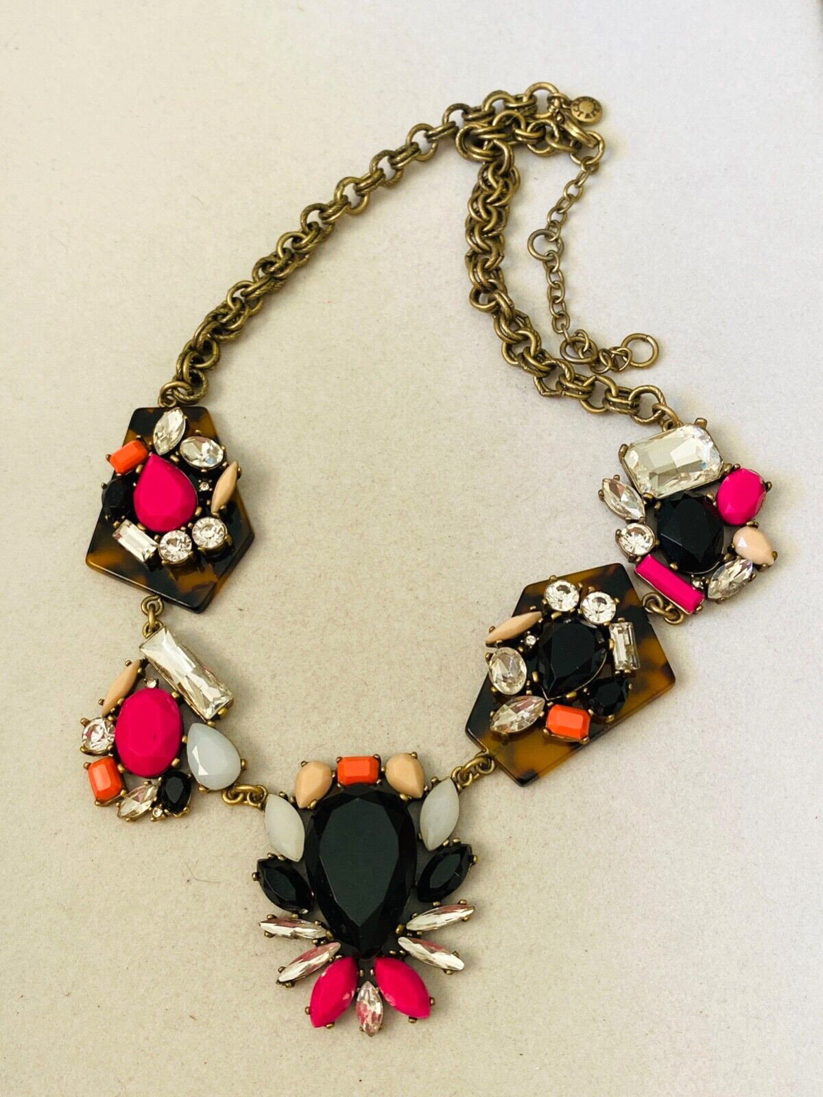 J. Crew Tortoise Print Lucite Neon Rhinestone Gold Tone Statement Necklace 21.5″