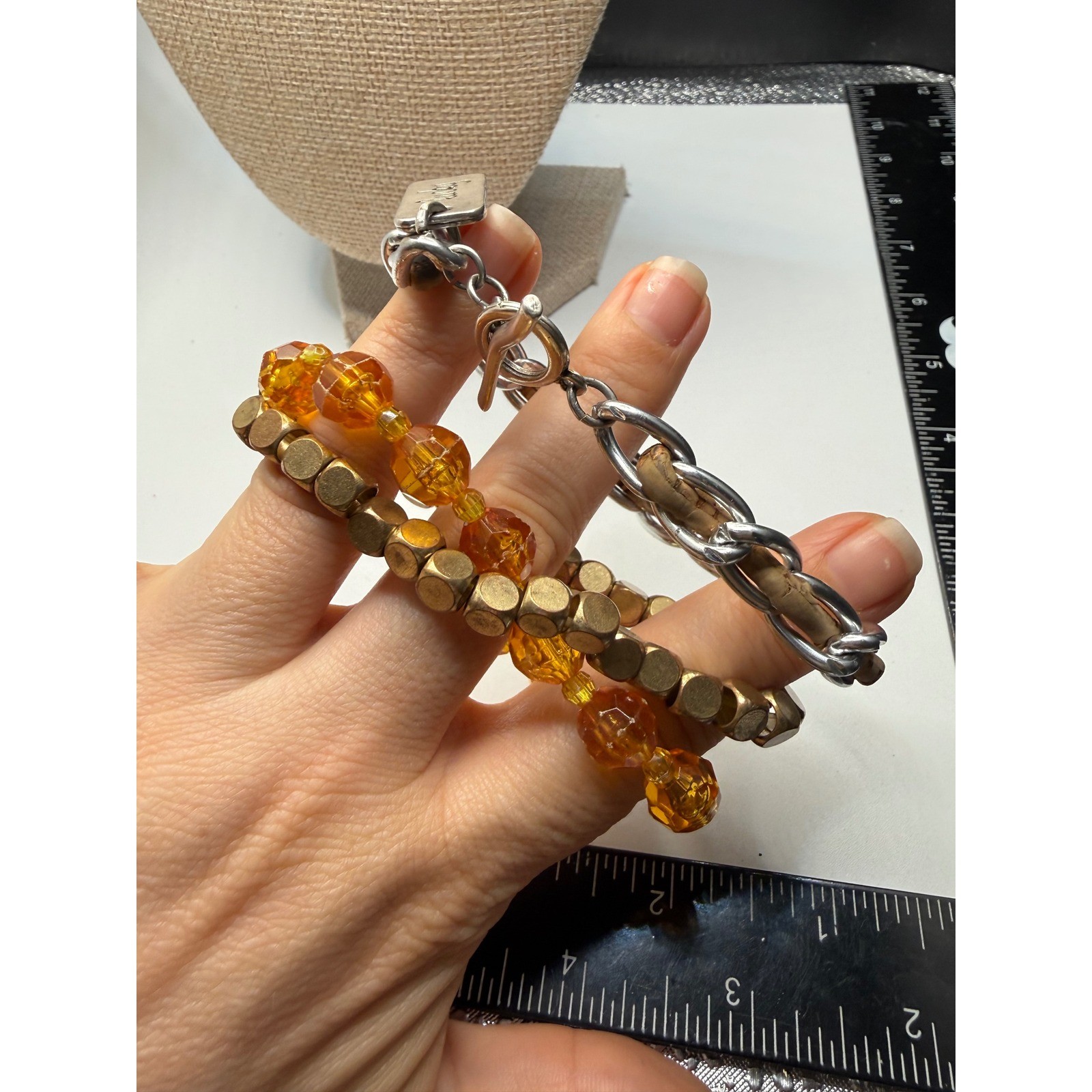 Lucky Brand Bracelet Set 3PC Silver Cork Chain Amber Bead Gold Geometric Boho