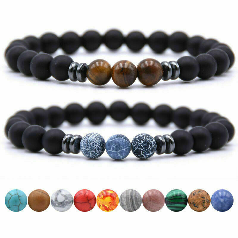 Mens Black Tourmaline Matte Agate Stone Protection Yoga Beaded Stretch Bracelet