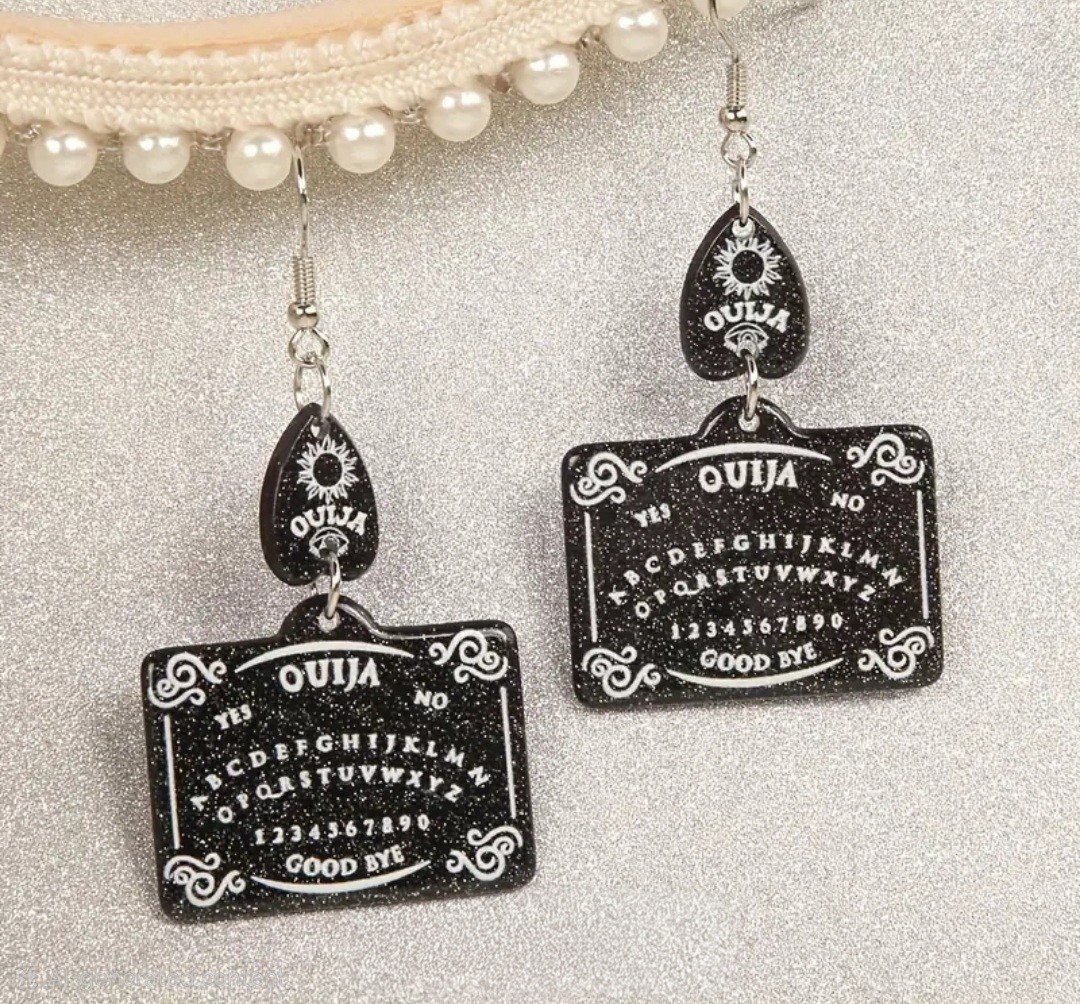 OUIJA Board & Planchette Dangle Earrings Sparkly Black White Free Ship US Seller