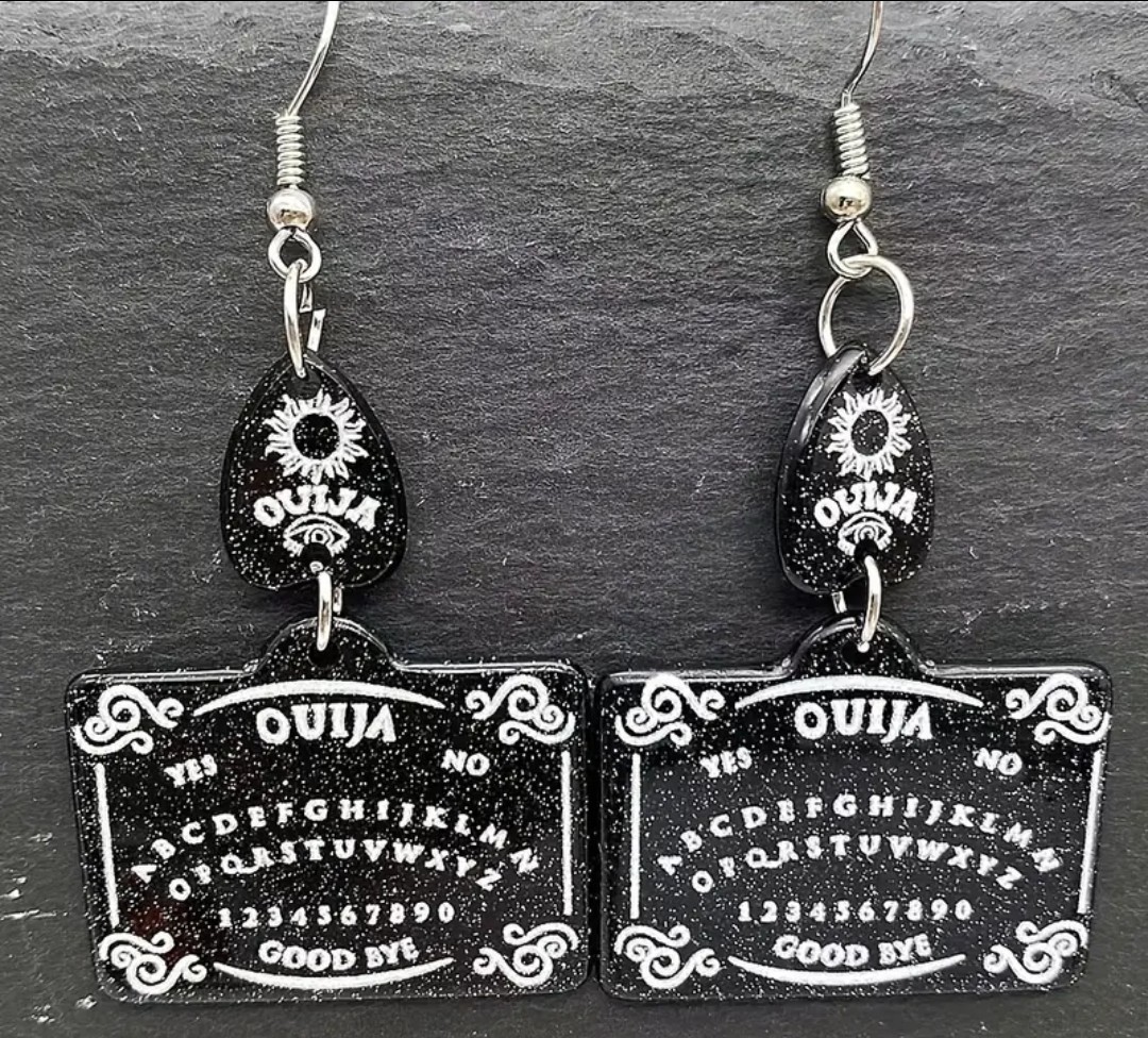 OUIJA Board & Planchette Dangle Earrings Sparkly Black White Free Ship US Seller