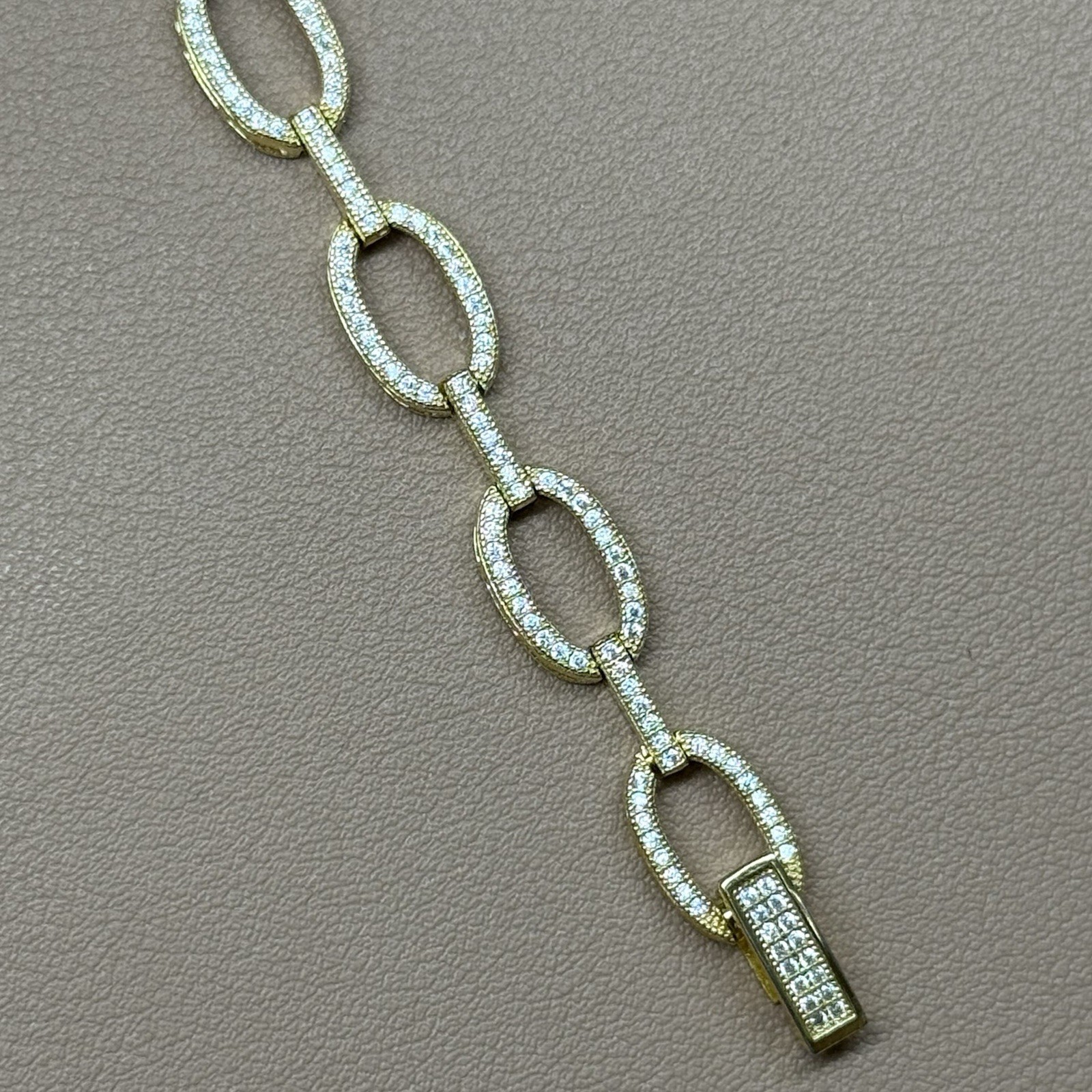 REL 925 Sterling Silver Gold Plated C Z Oval Bar Link Bracelet 6.5” 10g 9.1mm