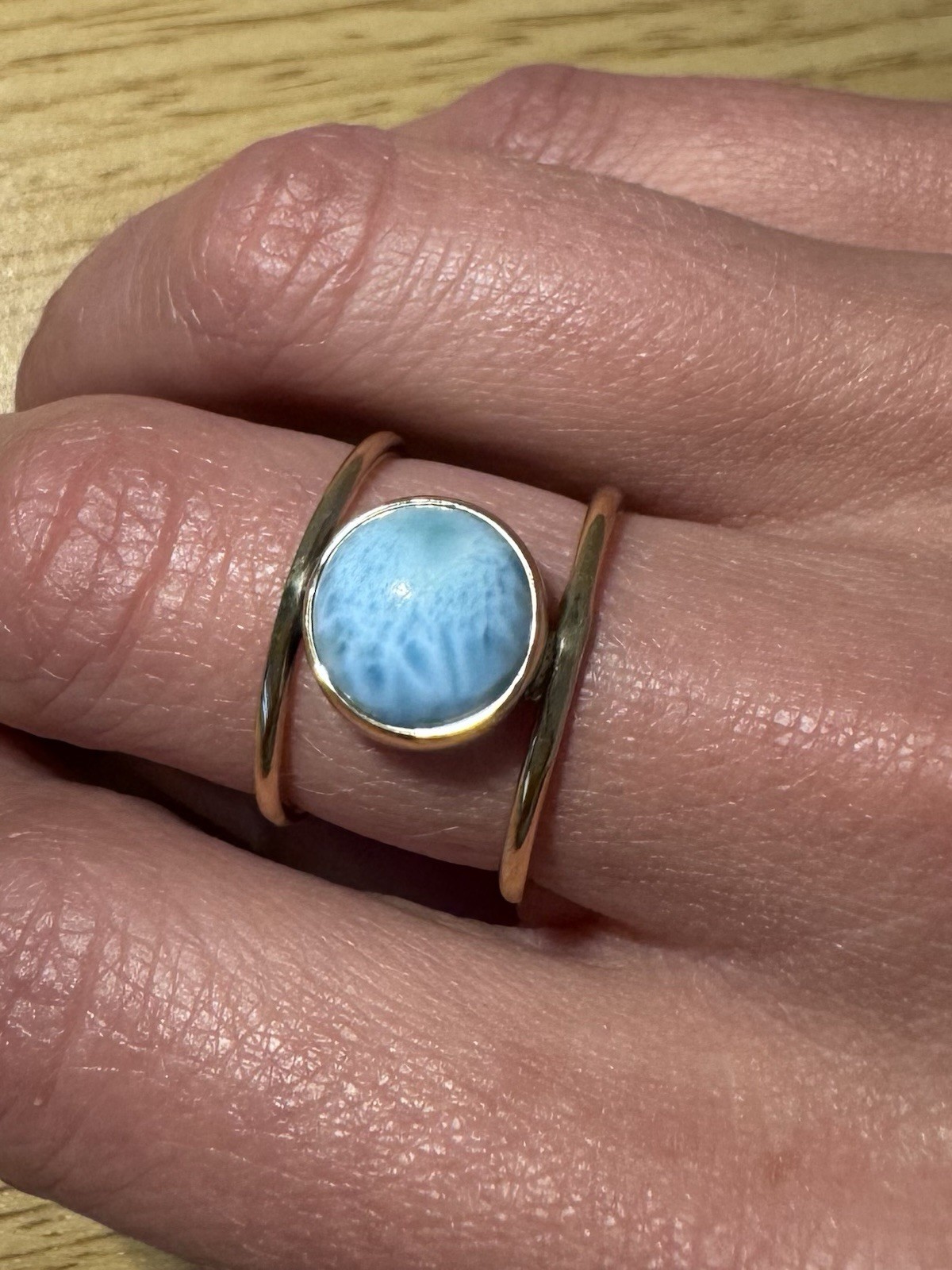 Natural Larimar Gemstone Handmade Ring Size 7 from Caribbean Ocean Yellow Gold