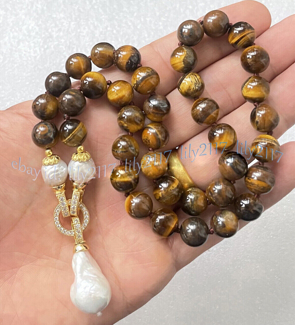Natural Yellow Tiger’s Eye Gems Beads White Keshi Baroque Pearl Pendant Necklace